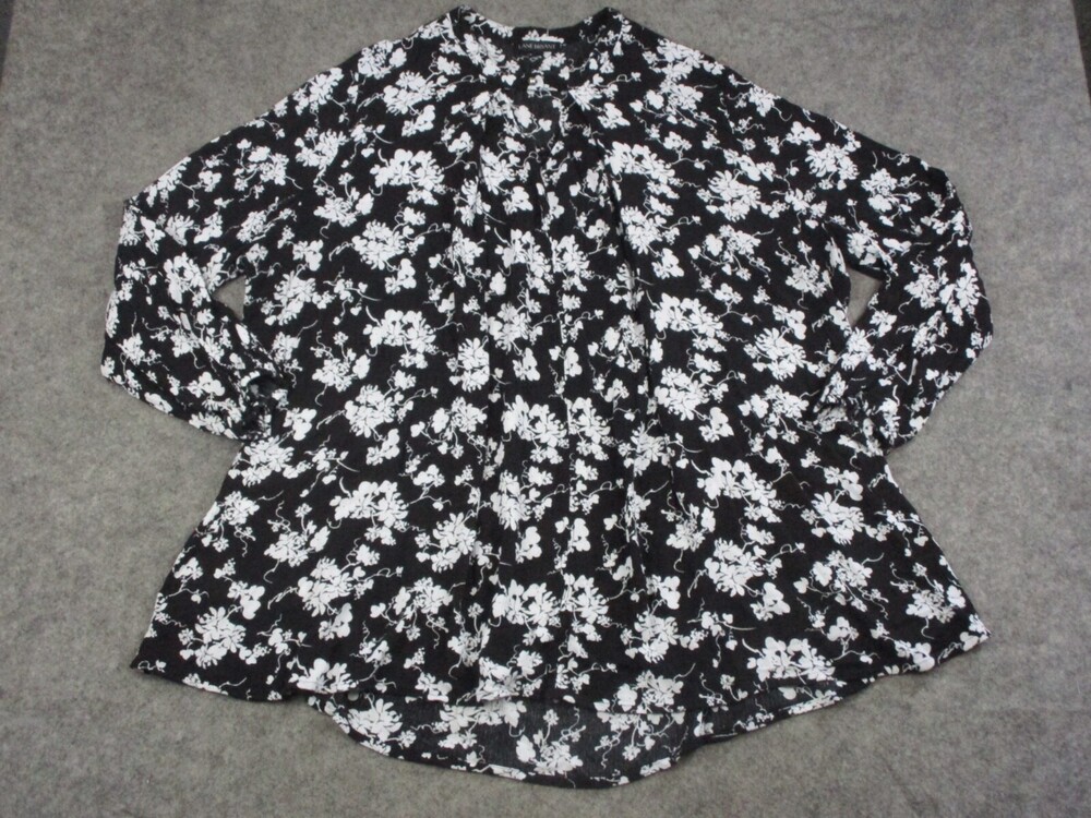 Lane Bryant Top Womens 18 Black White Floral Tunic Blouse Pullover Keyhole Neck
